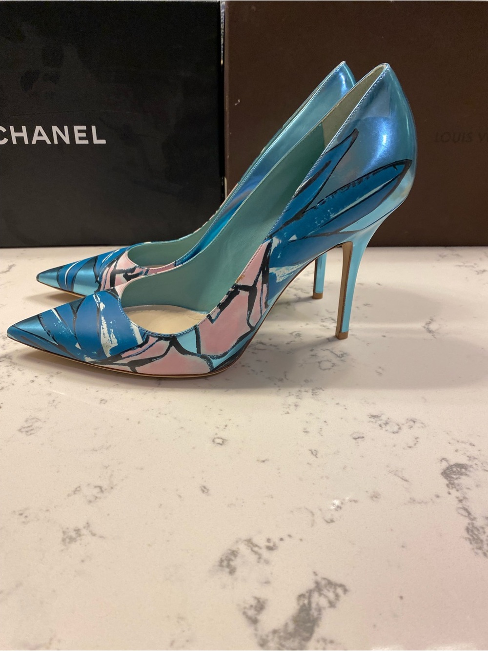 Dior Blue & Pink Metallic Leather Pointed-Toe Stiletto Pumps Size 40.5 - Picture 4 of 9